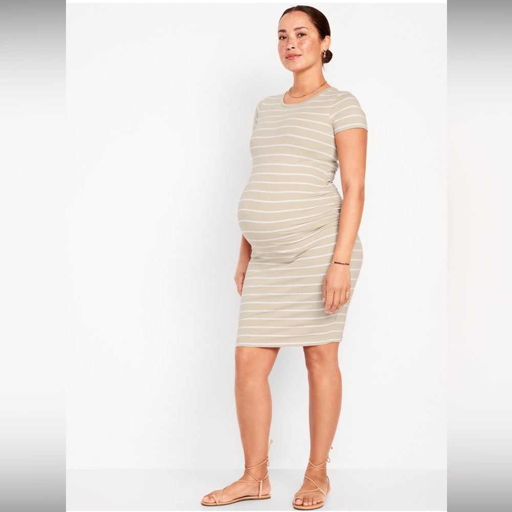 Maternity Striped Short Sleeve Knit Dress - Beige/White